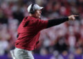 BATON ROUGE, LOUISIANA - NOVEMBER 30: Head coach Brent Venables of the Oklahoma Sooners reacts against the LSU Tigers during a game at Tiger Stadium on November 30, 2024 in Baton Rouge, Louisiana. (Photo by Jonathan Bachman/Getty Images)