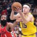 Laker Austin Reaves drives past Clipper James Harden in the second quarter at the Intuit Dome Tuesday.