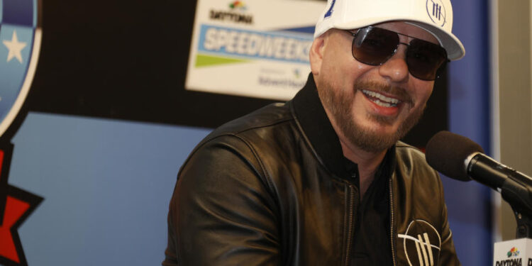 DAYTONA, FL - FEBRUARY 18: American singer and Entertainer and TrackHouse Racing co-owner Pitbull speaks to reporters prior to the running of the NASCAR Cup Series Daytona 500 on February 18, 2024 at Daytona International Speedway in Daytona Beach, FL. (Photo by Jeff Robinson/Icon Sportswire via Getty Images)