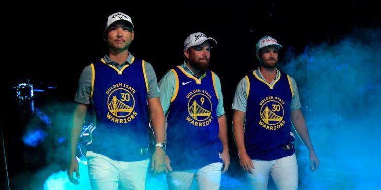 Min Woo Lee, Shane Lowry and Wyndham Clark of The Bay Golf Club repped the Warriors in their match against Jupiter Links. (Cliff Hawkins/TGL/TGL Golf via Getty Images)