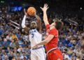 LOS ANGELES, CA - FEBRUARY 23: UCLA Bruins guard Eric Dailey Jr. (3) shoots a basket during the game between the Ohio State Buckeyes and the UCLA Bruins on February 23, 2025, at Pauley Pavilion in Los Angeles, CA. (Photo by David Dennis/Icon Sportswire via Getty Images)