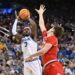 LOS ANGELES, CA - FEBRUARY 23: UCLA Bruins guard Eric Dailey Jr. (3) shoots a basket during the game between the Ohio State Buckeyes and the UCLA Bruins on February 23, 2025, at Pauley Pavilion in Los Angeles, CA. (Photo by David Dennis/Icon Sportswire via Getty Images)