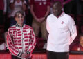 PALO ALTO, CALIFORNIA - NOVEMBER 10: Athletic Director Bernard Muir of the Stanford Cardinal stands with former head coach Tara Vanderveer during  a ceremony naming the court the