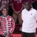 PALO ALTO, CALIFORNIA - NOVEMBER 10: Athletic Director Bernard Muir of the Stanford Cardinal stands with former head coach Tara Vanderveer during  a ceremony naming the court the