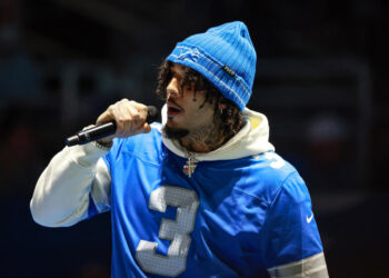 DETROIT,MICHIGAN-JANUARY 18:  Rapper and former basketball player LiAngelo Ball, also known by G3 GELO, performs during an NFL Divisional Round game between the Detroit Lions and the Washington Commanders  in Detroit, Michigan USA, on Saturday, January 18, 2025. (Photo by Amy Lemus/NurPhoto via Getty Images)