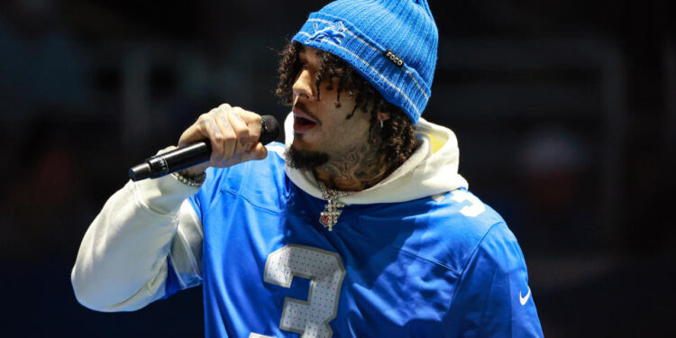 DETROIT,MICHIGAN-JANUARY 18:  Rapper and former basketball player LiAngelo Ball, also known by G3 GELO, performs during an NFL Divisional Round game between the Detroit Lions and the Washington Commanders  in Detroit, Michigan USA, on Saturday, January 18, 2025. (Photo by Amy Lemus/NurPhoto via Getty Images)