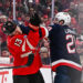 Sam Reinhart of Team Canada and Dylan Larkin of Team USA battle it out during the third period in the 2025 NHL 4 Nations Face-Off. (Photo by Minas Panagiotakis/Getty Images)