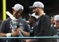 Jalen Hurts and Nick Sirianni with Lombardi Trophy