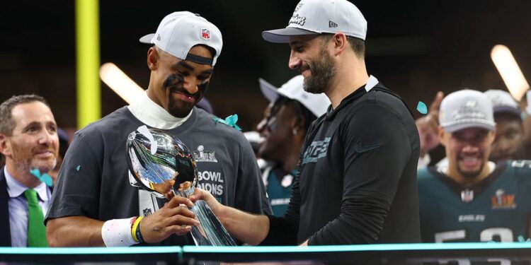 Jalen Hurts and Nick Sirianni with Lombardi Trophy