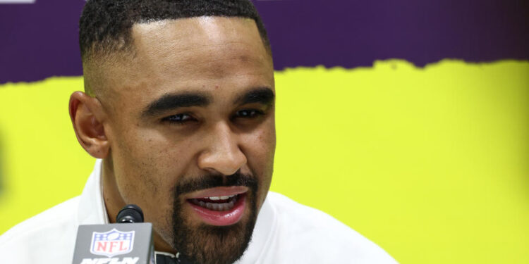 Jalen Hurts of the Philadelphia Eagles addresses the media during Super Bowl LIX Opening Night. (Photo by Chris Graythen/Getty Images)