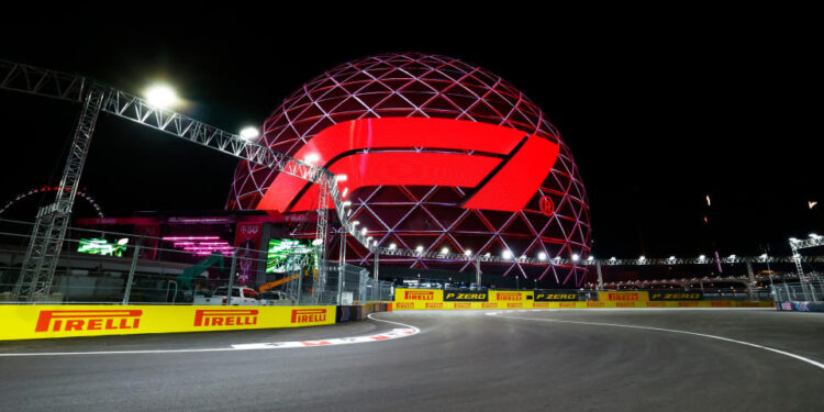 LAS VEGAS, NV - NOVEMBER 17: General view of the track with the Sphere displaying the F1 logo during the early morning second practice session for the Formula 1 Heineken Silver Las Vegas Gran Prix on November 17, 2023 on the Las Vegas Street Circuit in Las Vegas, Nevada. (Photo by Jeff Speer/Icon Sportswire via Getty Images)