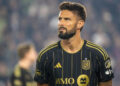 LOS ANGELES, CA - OCTOBER 27: Olivier Giroud #9 of Los Angeles FC prior to  the match against Vancouver Whitecaps at BMO Stadium on October 27, 2024 in Los Angeles, California. Los Angeles FC won the match 2-1 (Photo by Shaun Clark/Getty Images)