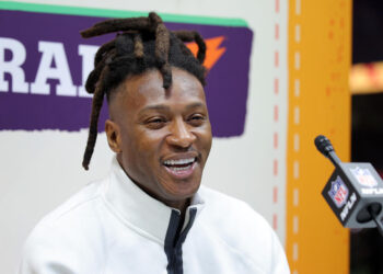 DeAndre Hopkins of the Kansas City Chiefs addresses the media in the week leading up to Super Bowl LIX. (Photo by Jonathan Bachman/Getty Images)