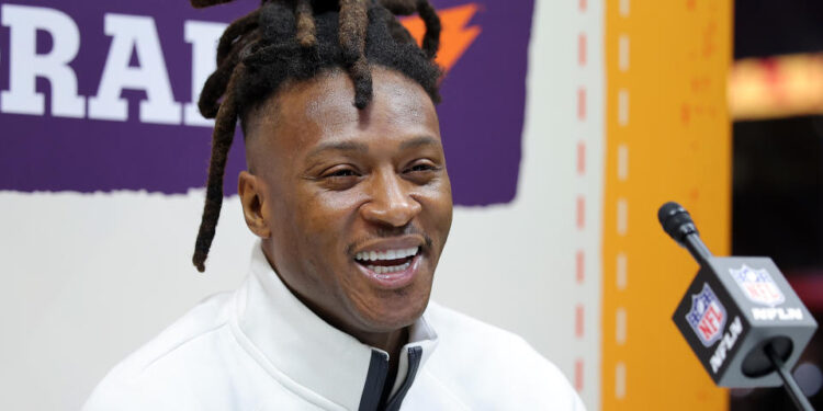 DeAndre Hopkins of the Kansas City Chiefs addresses the media in the week leading up to Super Bowl LIX. (Photo by Jonathan Bachman/Getty Images)