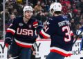 Matthew Tkachuk celebrates with Auston Matthews