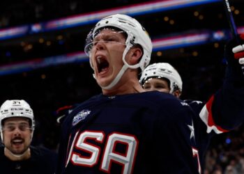 Team USA forward Brady Tkachuk celebrates scoring against Team Canada during the first period during the 4 Nations Face-Off ice hockey championship game at TD Garden. 