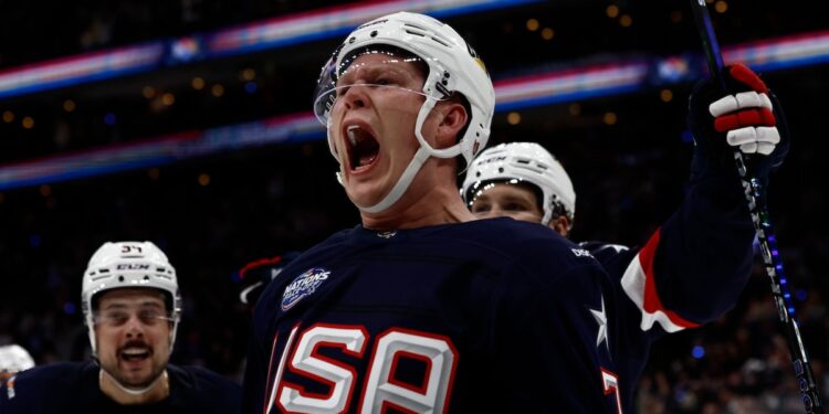 Team USA forward Brady Tkachuk celebrates scoring against Team Canada during the first period during the 4 Nations Face-Off ice hockey championship game at TD Garden. 