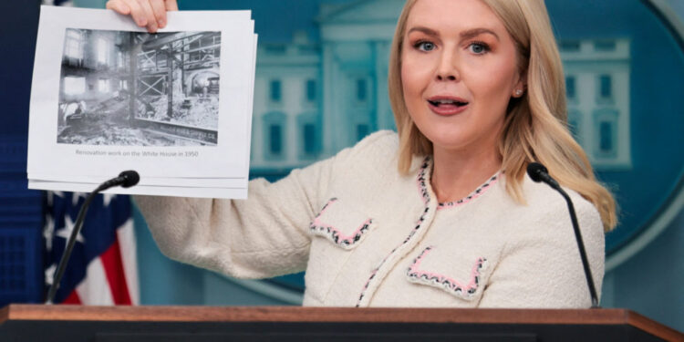 White House Press Secretary Karoline Leavitt holds a press briefing at the White House in Washington