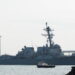 U.S. Navy guided missile cruiser docks at a naval base near the entrance to the Panama Canal