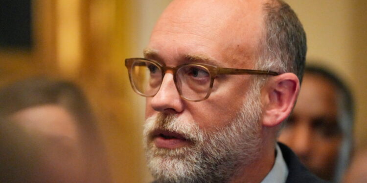 Director of the Office of Management and Budget Vought talks to reporters on Capitol Hill