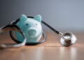 Close-up of piggy bank with stethoscope on table