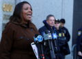 New York Attorney General Letitia James speaks during a press conference about their ongoing lawsuit against DOGE (Departm...