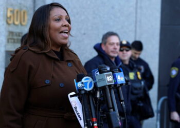 New York Attorney General Letitia James speaks during a press conference about their ongoing lawsuit against DOGE (Departm...