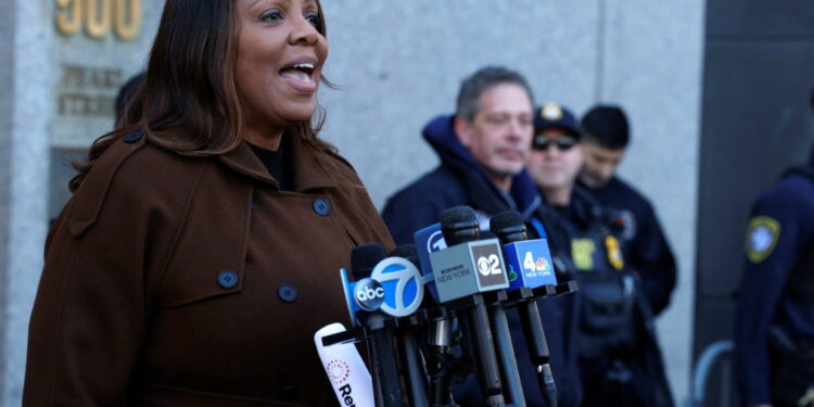 New York Attorney General Letitia James speaks during a press conference about their ongoing lawsuit against DOGE (Departm...