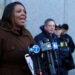 New York Attorney General Letitia James speaks during a press conference about their ongoing lawsuit against DOGE (Departm...