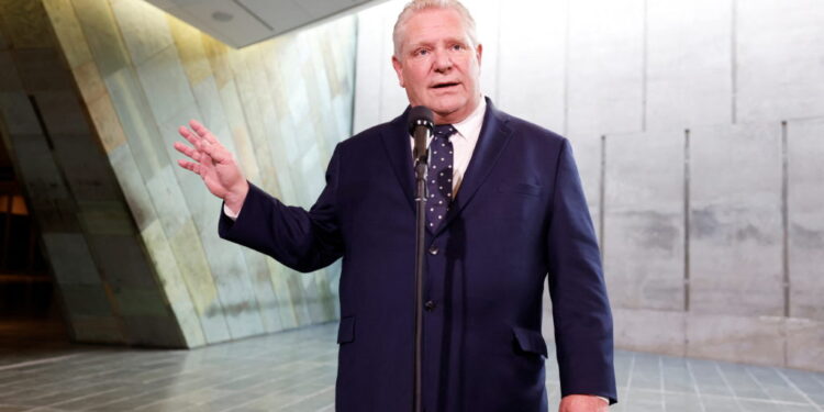 Ontario Premier Doug Ford speaks to journalists before a meeting with federal, provincial and territorial leaders at the C...