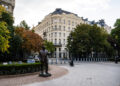 Statue of former U.S. President Bush stands in front of the Embassy of the United States of America in Budapest