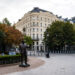 Statue of former U.S. President Bush stands in front of the Embassy of the United States of America in Budapest
