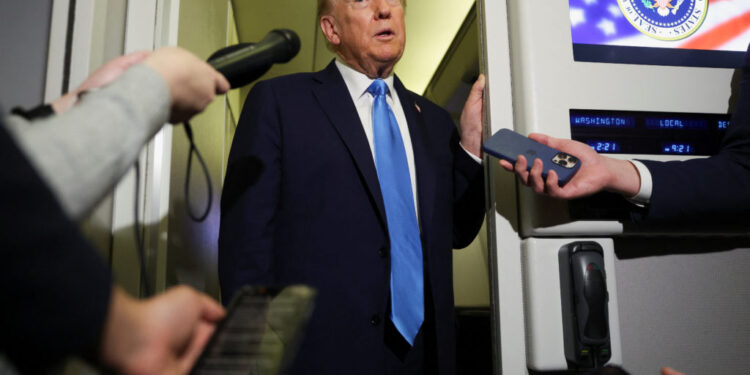 U.S. PresidentTrump speaks to the media aboard AF1 ahead of his arrival in Malaysia