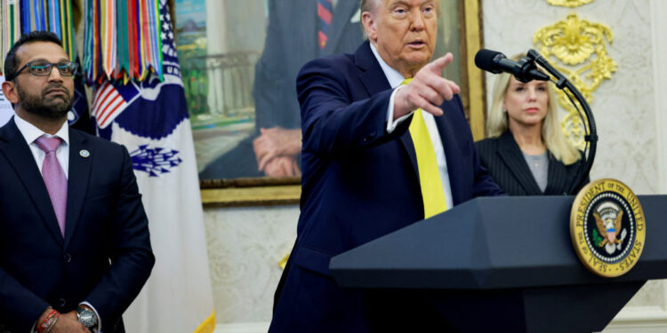 U.S. President Trump and FBI Director Patel hold press conference at the White House in Washington