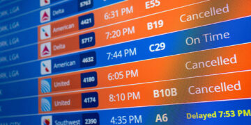 Flight timings and cancellations are displayed on a departures board