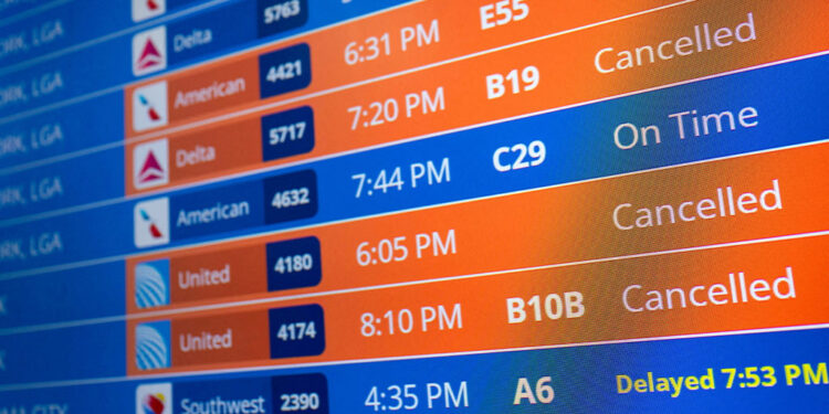 Flight timings and cancellations are displayed on a departures board