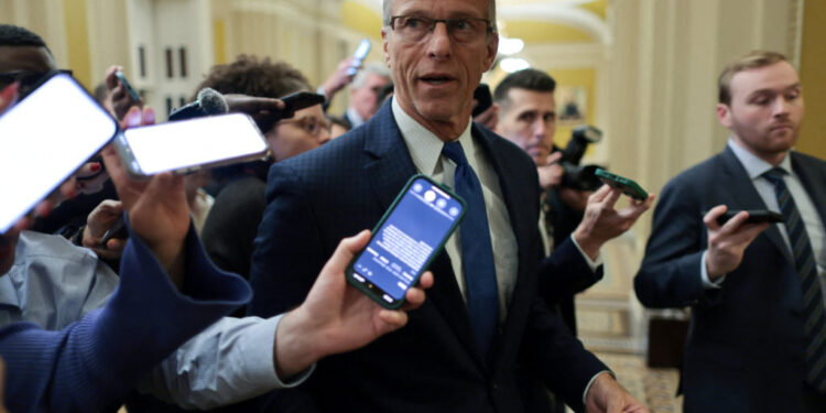 U.S. Senate Majority Leader Thune speaks with reporters after the Senate approved the Epstein bill at the Capitol in Washi...