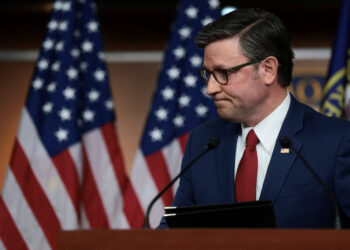 U.S. Speaker of the House Mike Johnson (R-LA) speaks at a press conference, in Washington