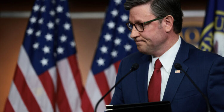 U.S. Speaker of the House Mike Johnson (R-LA) speaks at a press conference, in Washington