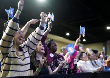 Crowd cheering as Democrat Abigail Spanberger gives her victory speech