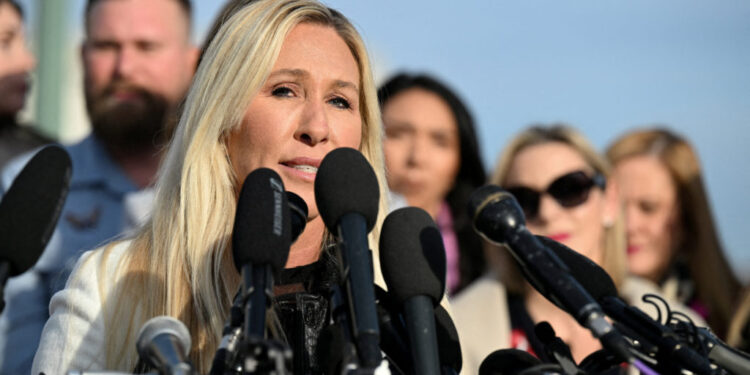 FILE PHOTO: U.S. Representative Marjorie Taylor Greene (R-GA) speaks in Washington, D.C.