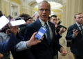 U.S. Senate Majority Leader Thune speaks with reporters after the Senate approved the Epstein bill at the Capitol in Washi...