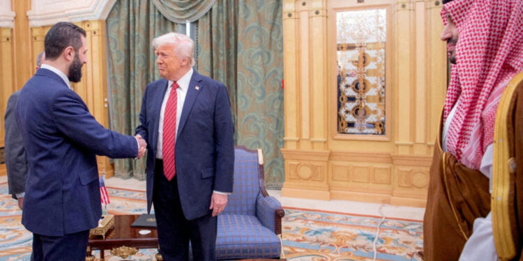FILE PHOTO: U.S. President Donald Trump meets Syrian President Ahmed al-Sharaa in Riyadh