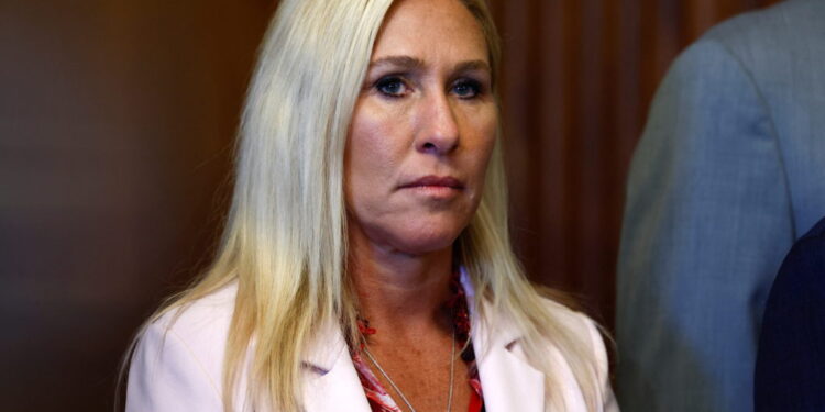 U.S. Rep. Marjorie Taylor Greene (R-GA) attends a press conference alongside fellow Republicans following the passage of t...