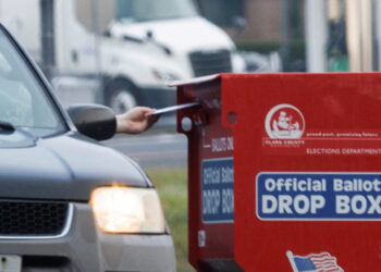 A freshly replaced ballot box replaces one that had been charred by arson in Vancouver, Washington
