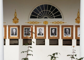 Portraits at the "Presidential Walk of Fame" in the Colonnade at the White House, in Washington