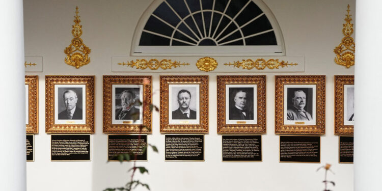 Portraits at the "Presidential Walk of Fame" in the Colonnade at the White House, in Washington
