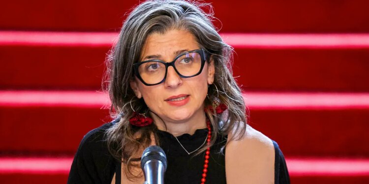 Francesca Albanese at a press conference