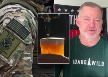 Split image of ICE agent patch, beer and Old State Saloon owner