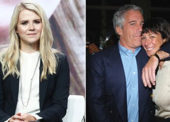A split side-by-side image of Elizabeth Smart and Jeffrey Epstein embracing Ghislaine Maxwell.